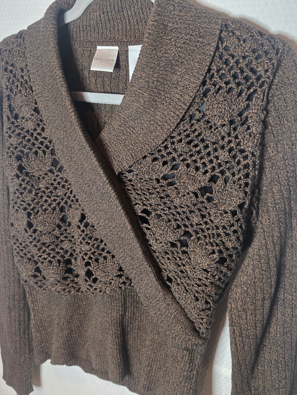 Brown Crochet V-neck Shawl Collar Sweater Emma James 100% Cotton